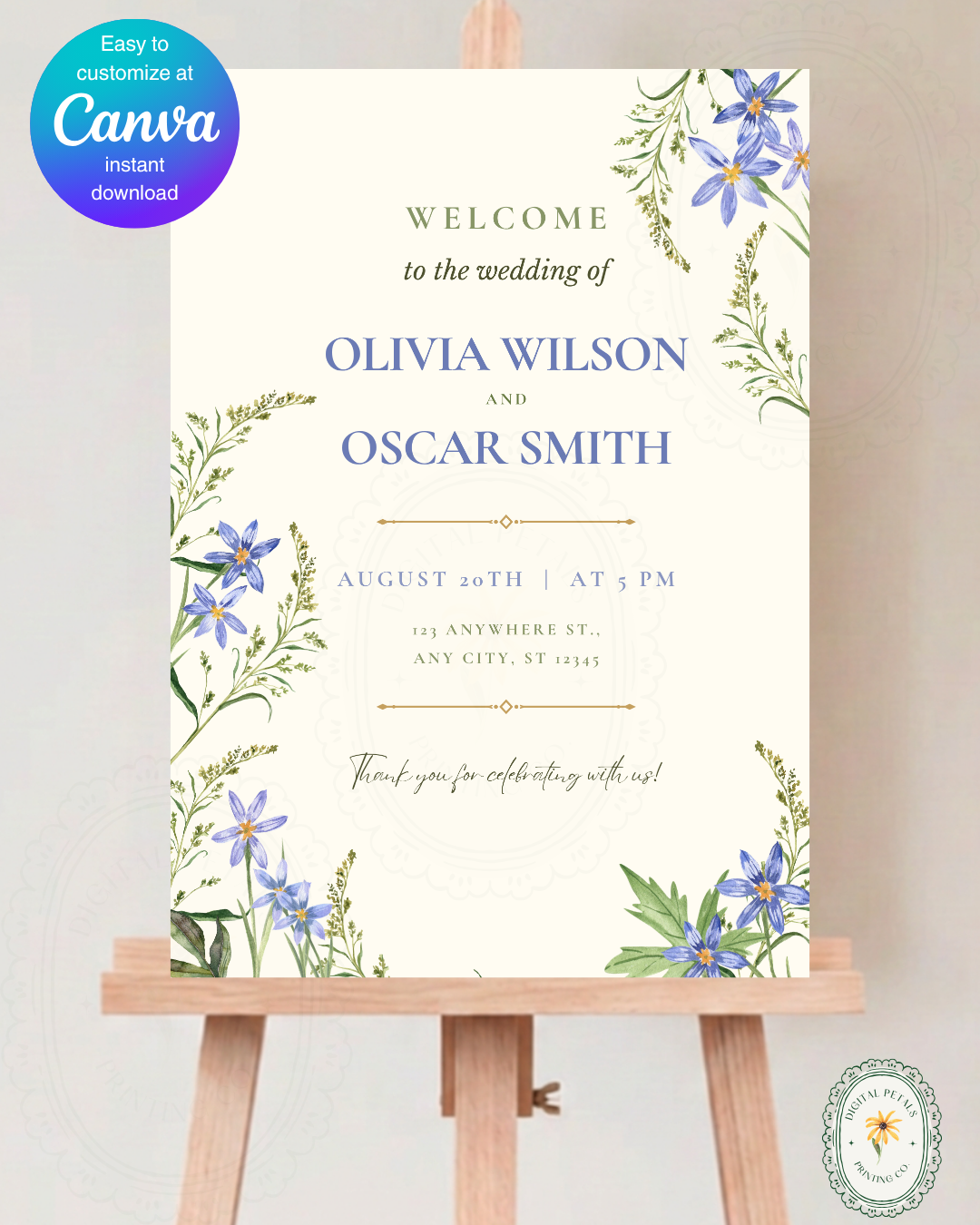 Powder Blue Wildflower Wedding Welcome Sign | Editable Canva Template | Digital Download