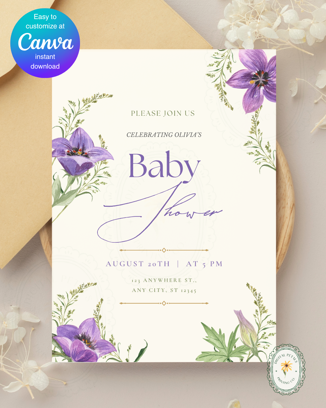 Violet & Periwinkle Wildflower Baby Shower Invitation | Minimalist Printable Invite | Digital Download