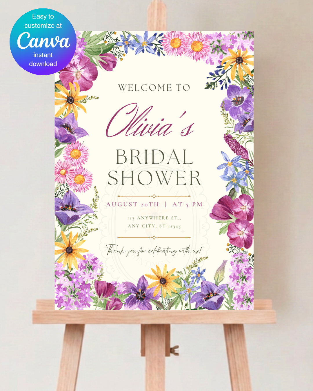 Boho Wildflower Border Bridal Shower Welcome Sign | Editable Canva Template | Digital Download