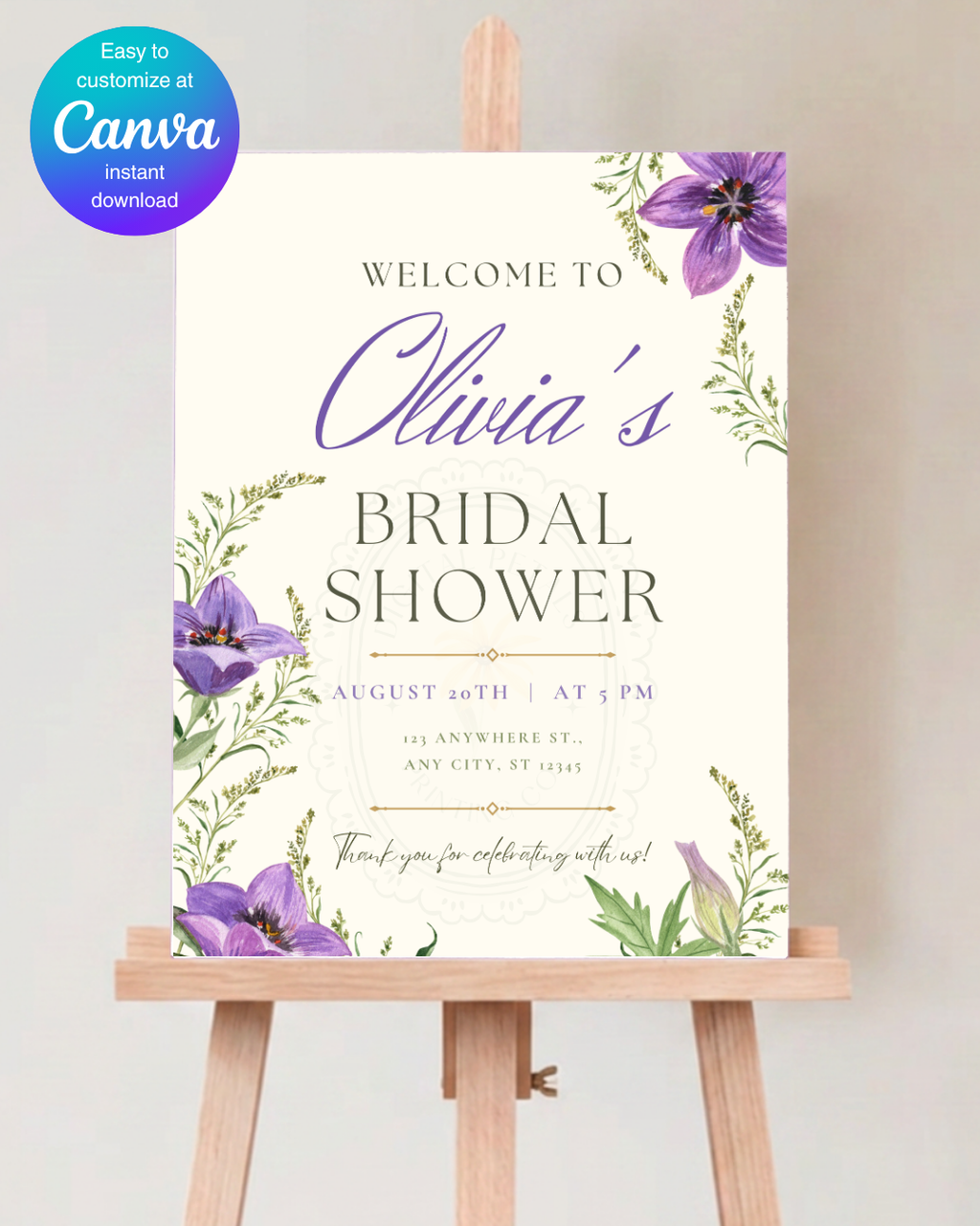 Violet Wildflower Bridal Shower Welcome Sign | Editable Canva Template | Digital Download