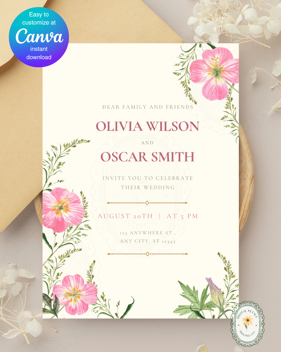 Dusty Rose & Blush Pink Primrose Wildflower Wedding Invitation | Minimalist Printable Invite | Digital Download