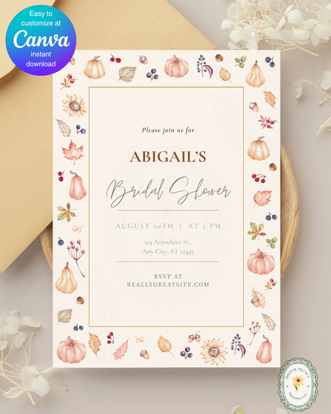 Autumn Harvest Wildflowers Bridal Shower Invitation Template | Editable Canva Digital Download