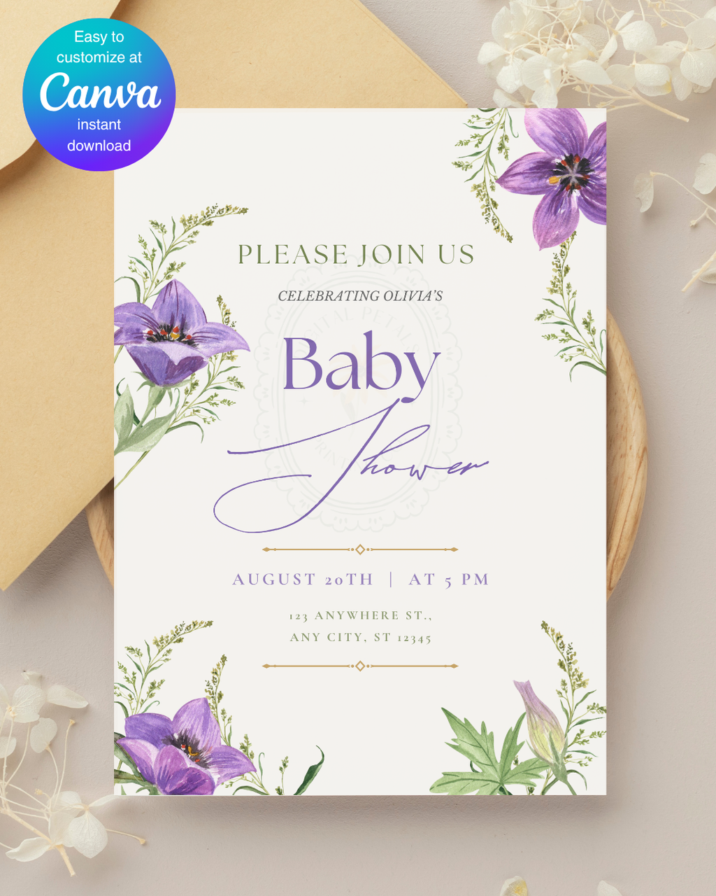 Violet Wildflower Baby Shower Invitation | Minimalist Printable Invite | Digital Download