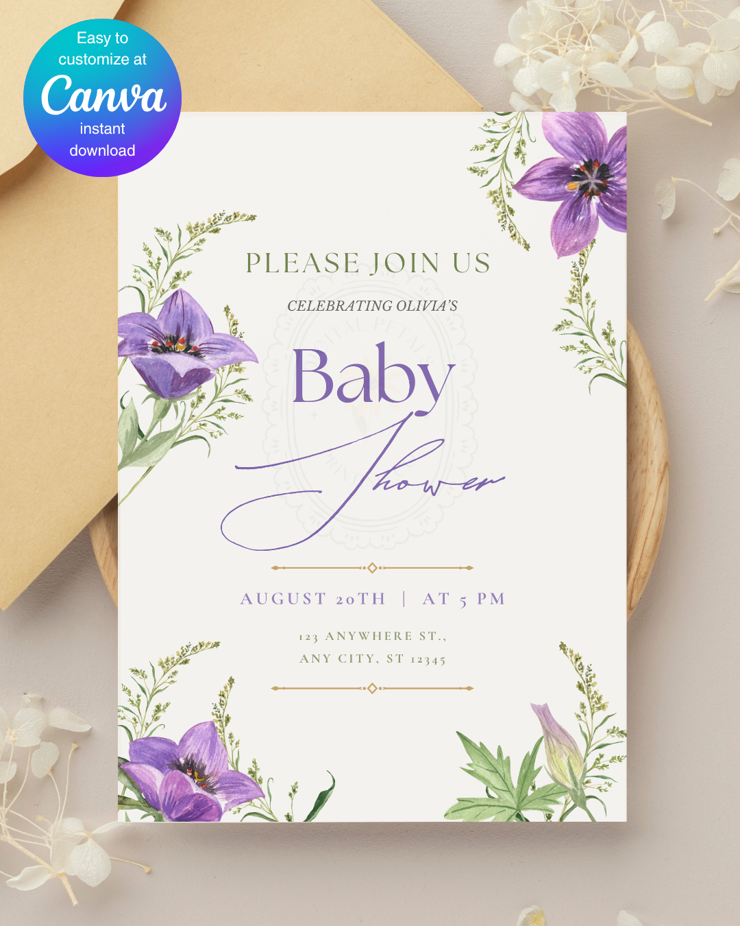 Violet Wildflower Baby Shower Invitation | Minimalist Printable Invite | Digital Download