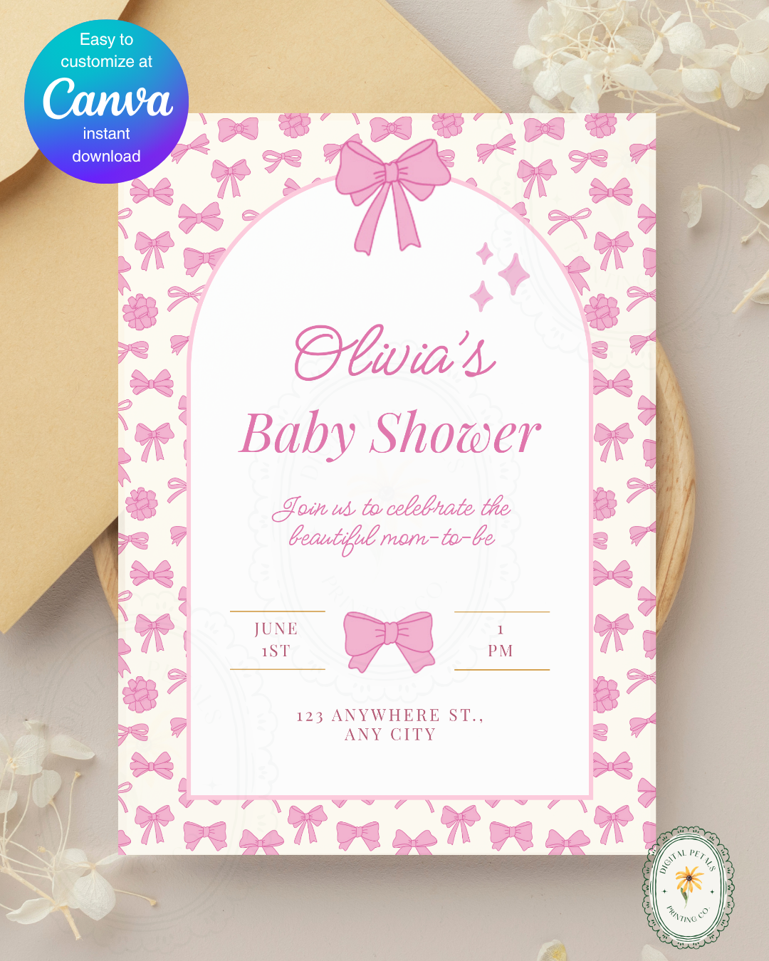 Baby Girl Shower Invitation Template | Pink Ribbons & Bows | Canva Editable
