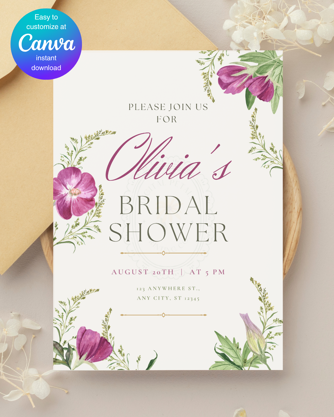 Purple Wildflower Bridal Shower Invitation | Minimalist Printable Invite | Digital Download