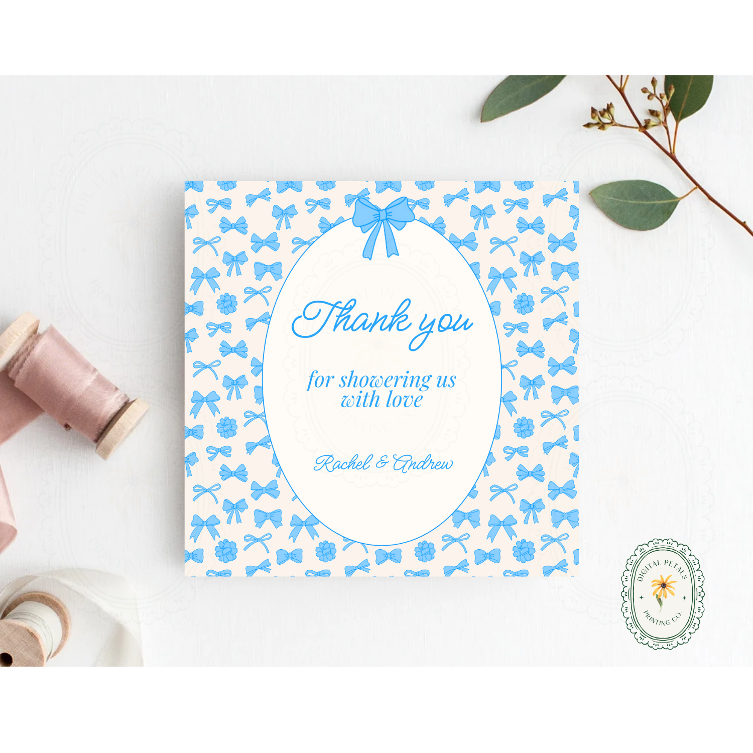 Powder Blue Ribbons & Bows Baby Shower Invitation Template | Editable Canva Digital Download