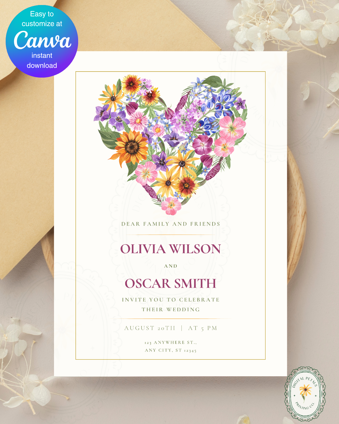 Boho Wildflower Heart Wedding Invitation — Editable Digital Download Template