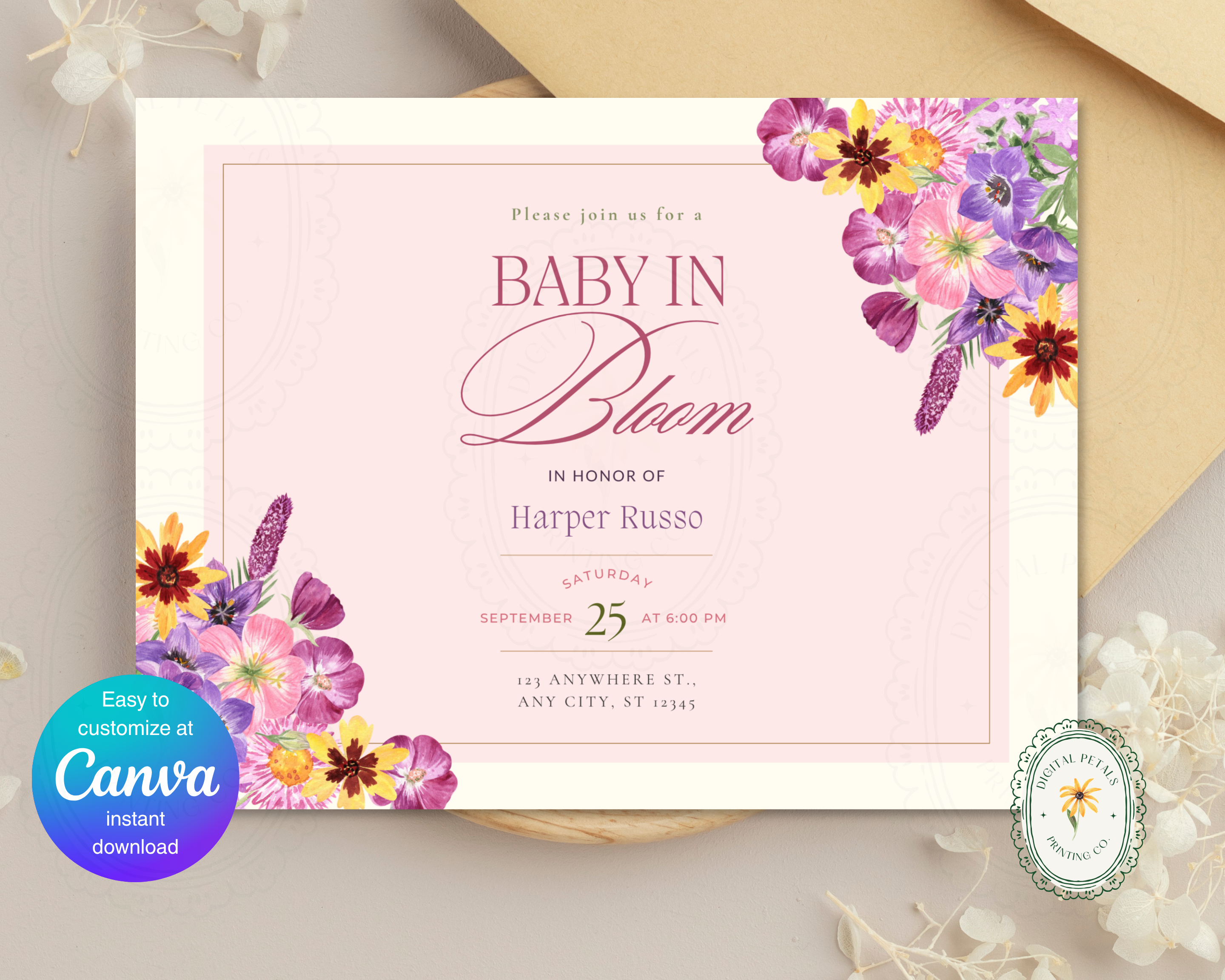 Baby in Bloom Spring Boho Baby Shower Invitation | Landscape Digital Download | Canva Editable