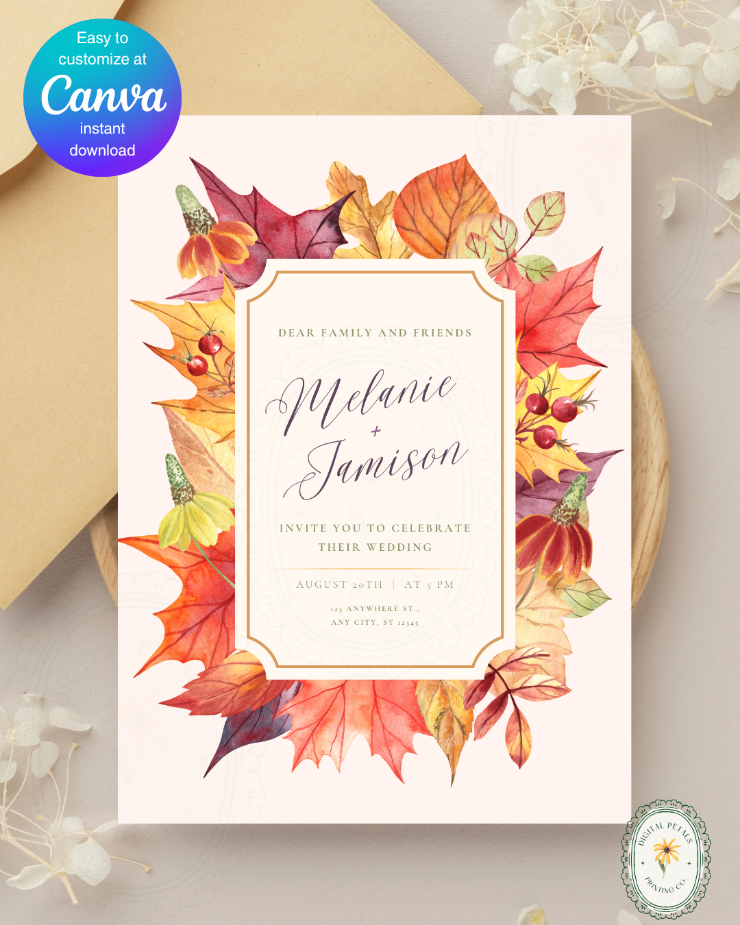 Fall Wedding Invitation Printable | Autumn Harvest Wildflower Boho Wedding Invite | Digital Download