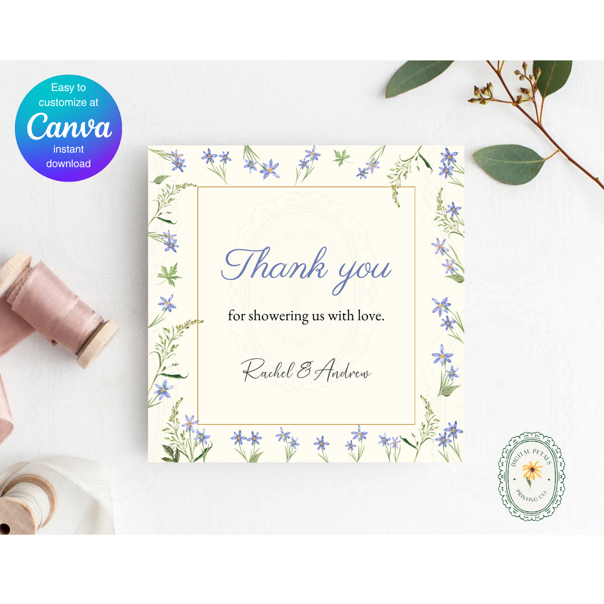 Dusty Blue Floral Border Thank You Card Template | Editable Canva Digital Download