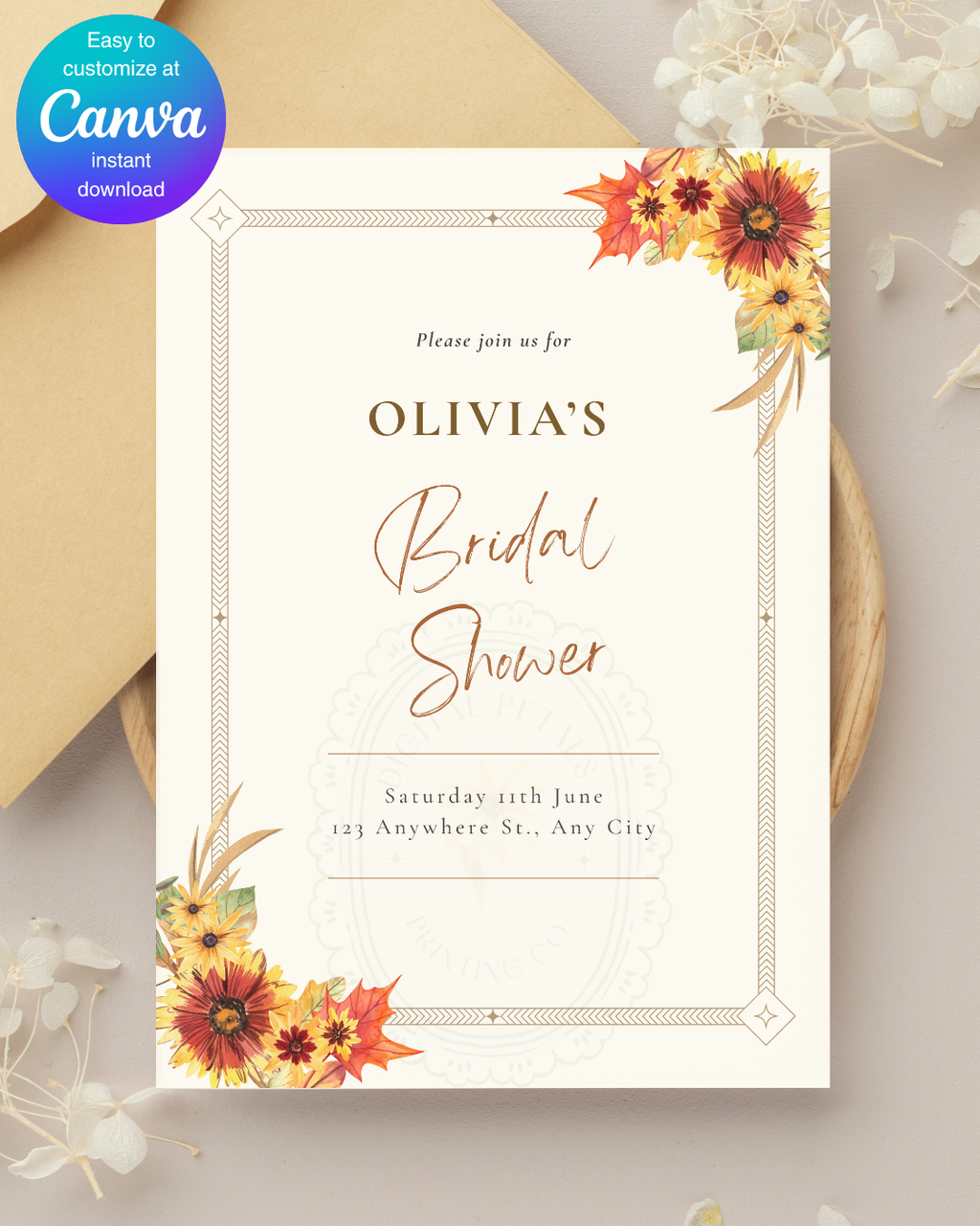 Rustic Fall Wildflowers Bridal Shower Invitation Template | Hand Painted Cottagecore Digital Download