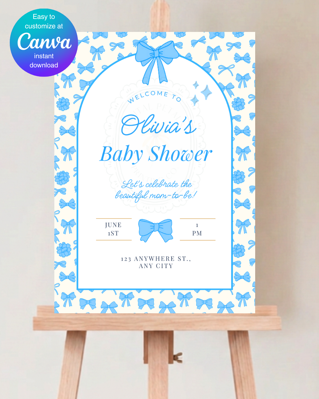 Baby Boy Shower Welcome Sign Template | Blue Ribbons & Bows | Canva Editable