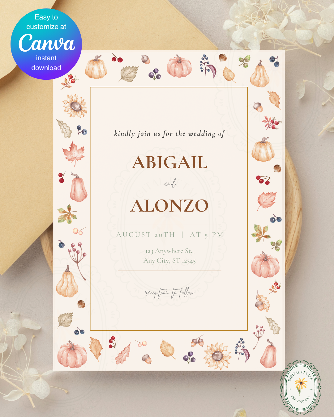 Autumn Harvest Wildflowers Wedding Invitation Template | Editable Canva Digital Download