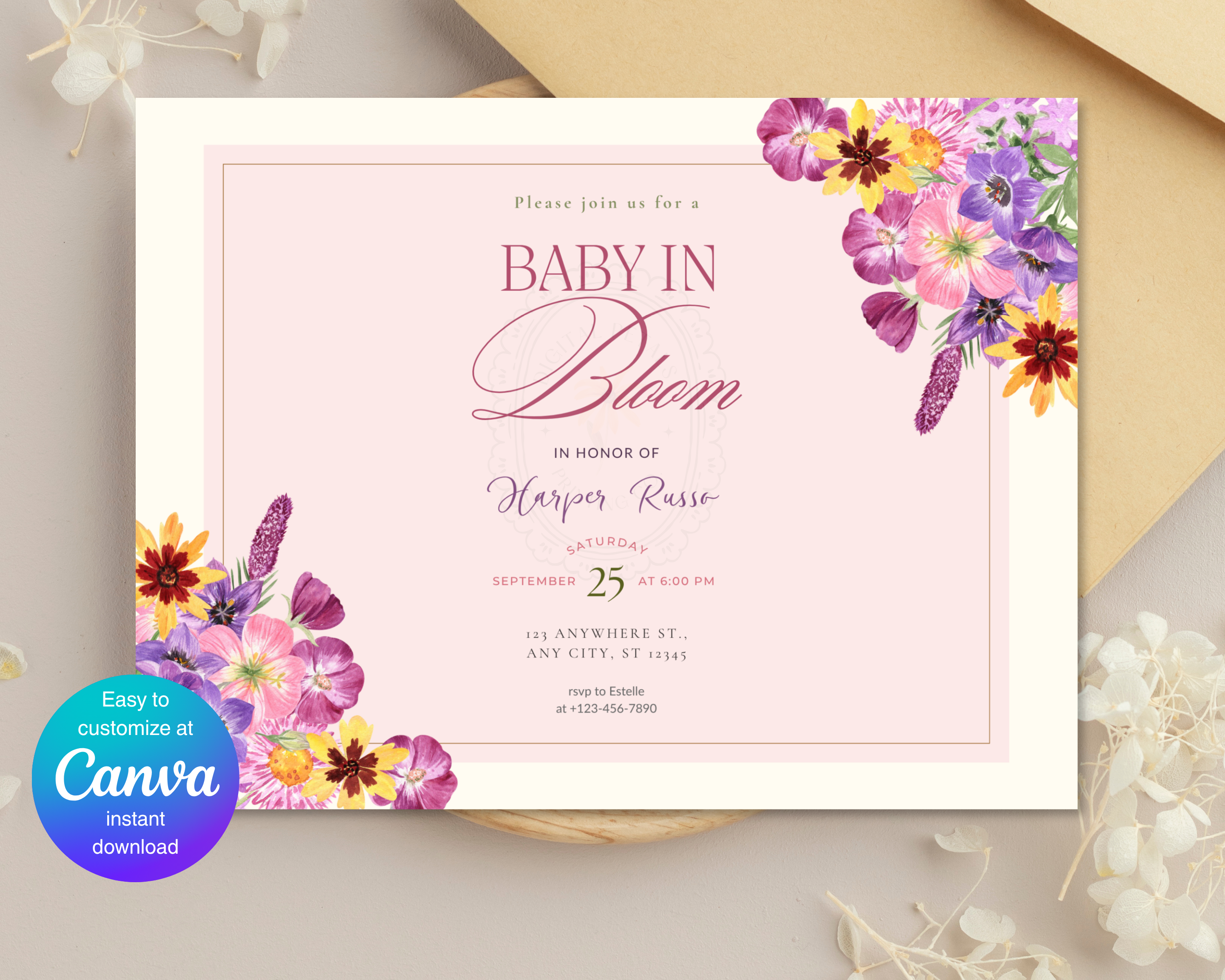 Baby in Bloom Spring Boho Baby Shower Invitation | Landscape Digital Download | Canva Editable