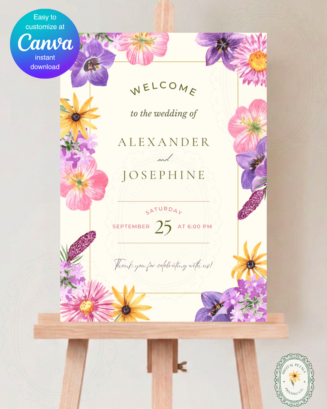 Wildflower Cottagecore Wedding Welcome Sign | Editable Canva Template, Floral Botanical Spring