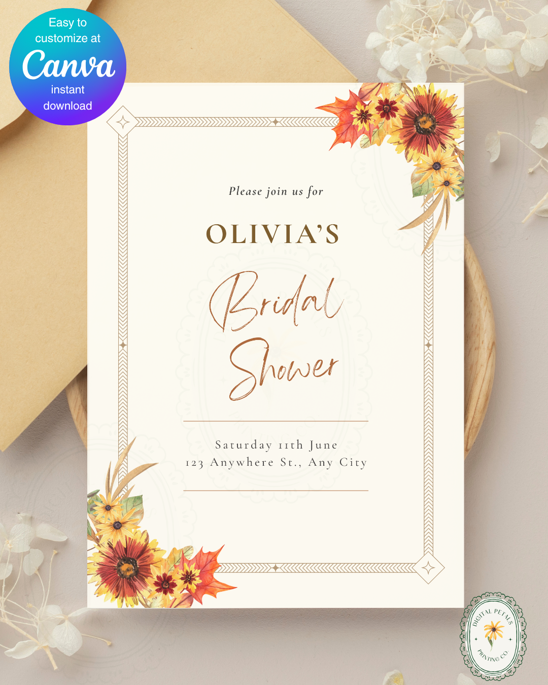 Rustic Fall Wildflowers Bridal Shower Invitation Template | Hand Painted Cottagecore Digital Download