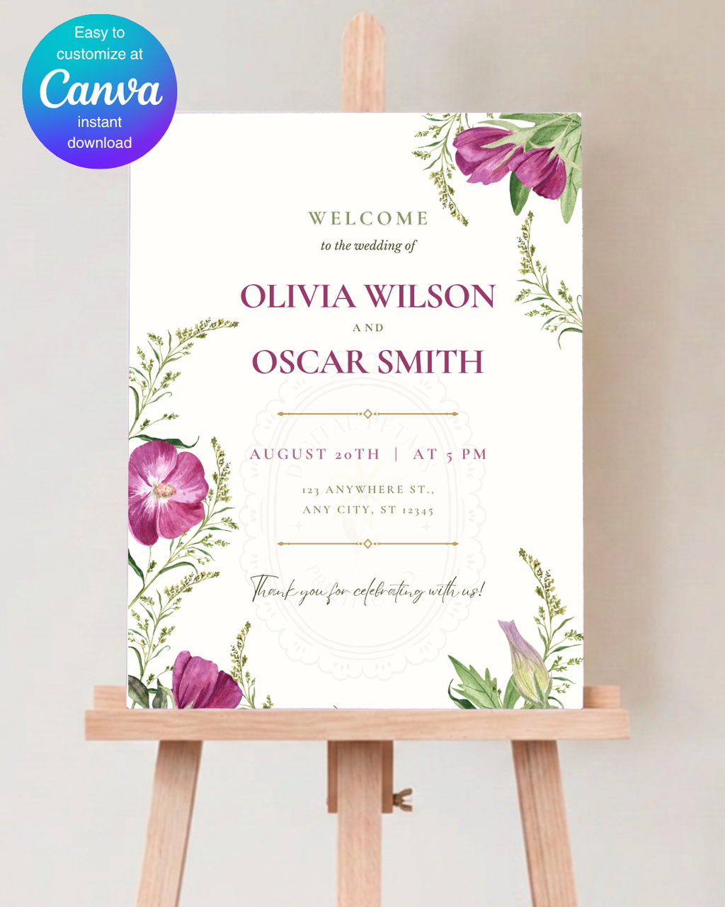 Purple Wildflower Wedding Welcome Sign | Editable Canva Template | Digital Download