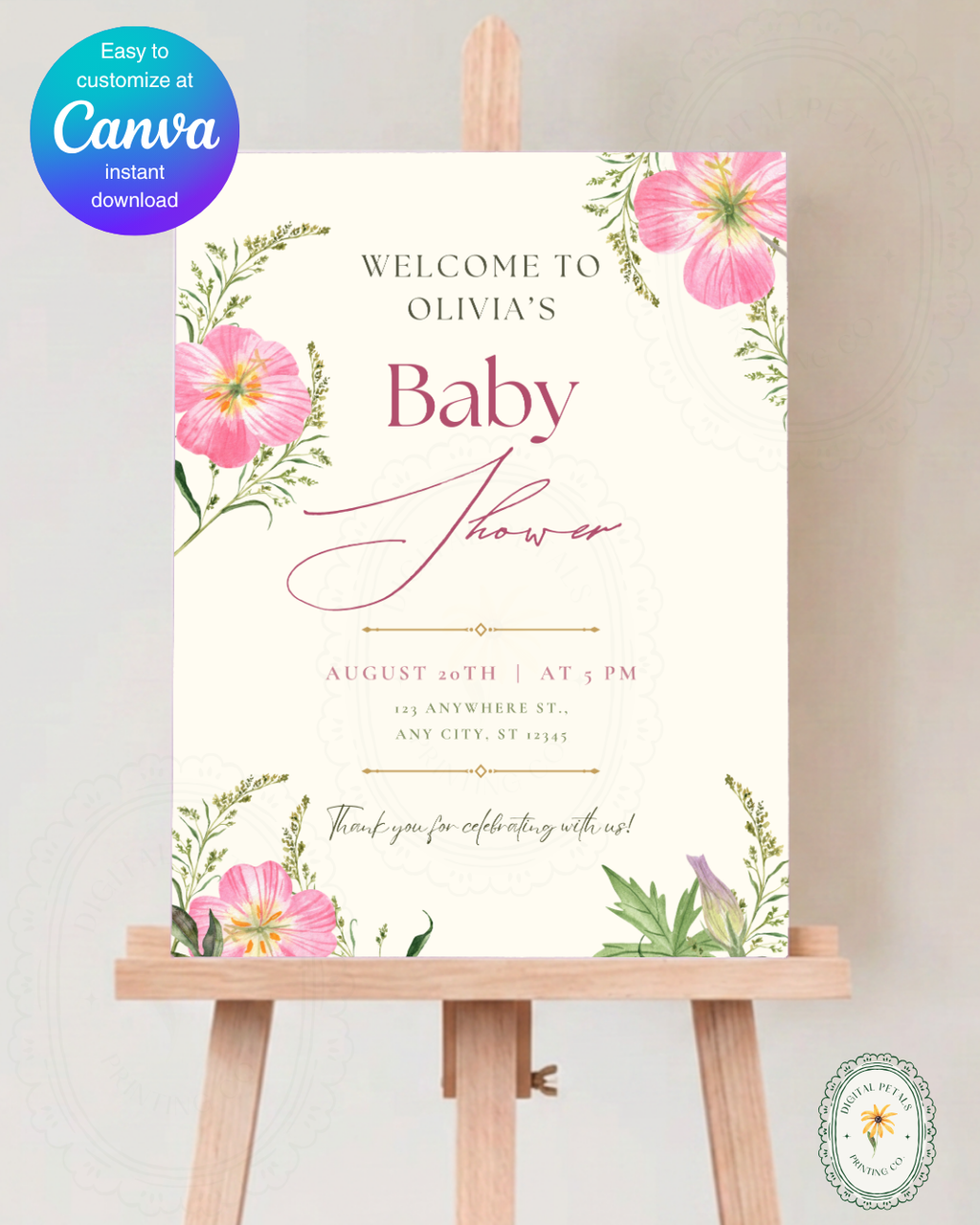 Dusty Rose & Blush Pink Wildflower Baby Shower Welcome Sign | Editable Canva Template | Digital Download