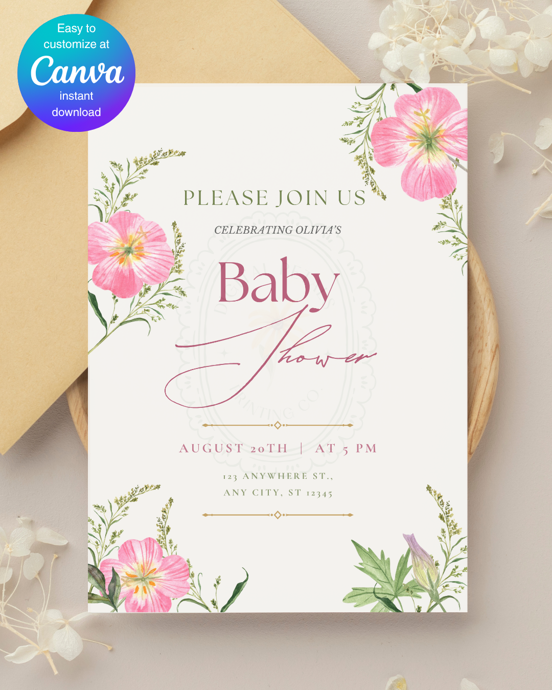 Pink Wildflower Baby Shower Invitation | Minimalist Printable Invite | Digital Download