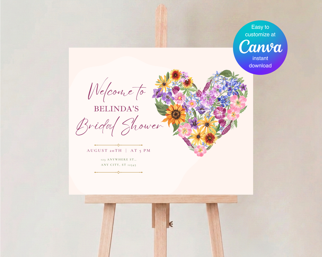 Wildflower Bridal Shower Welcome Sign | Boho Floral Heart Border | Editable Canva Digital Download | Print at Home