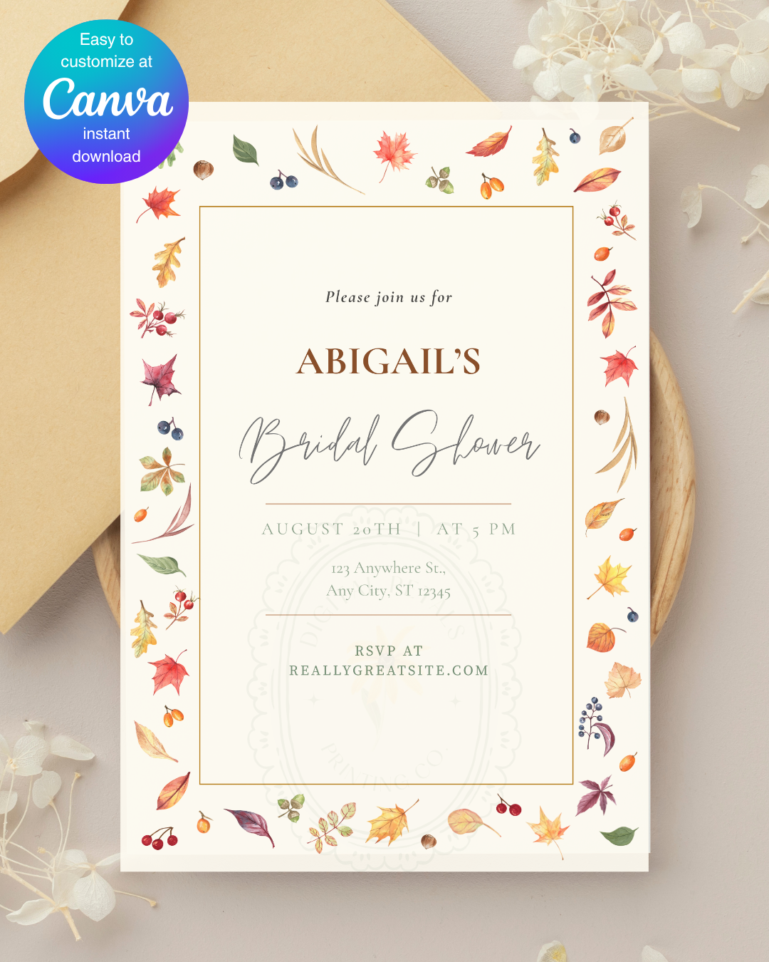 Fall Leaves Bridal Shower Invitation Template | Terracotta & Cream | Digital Download