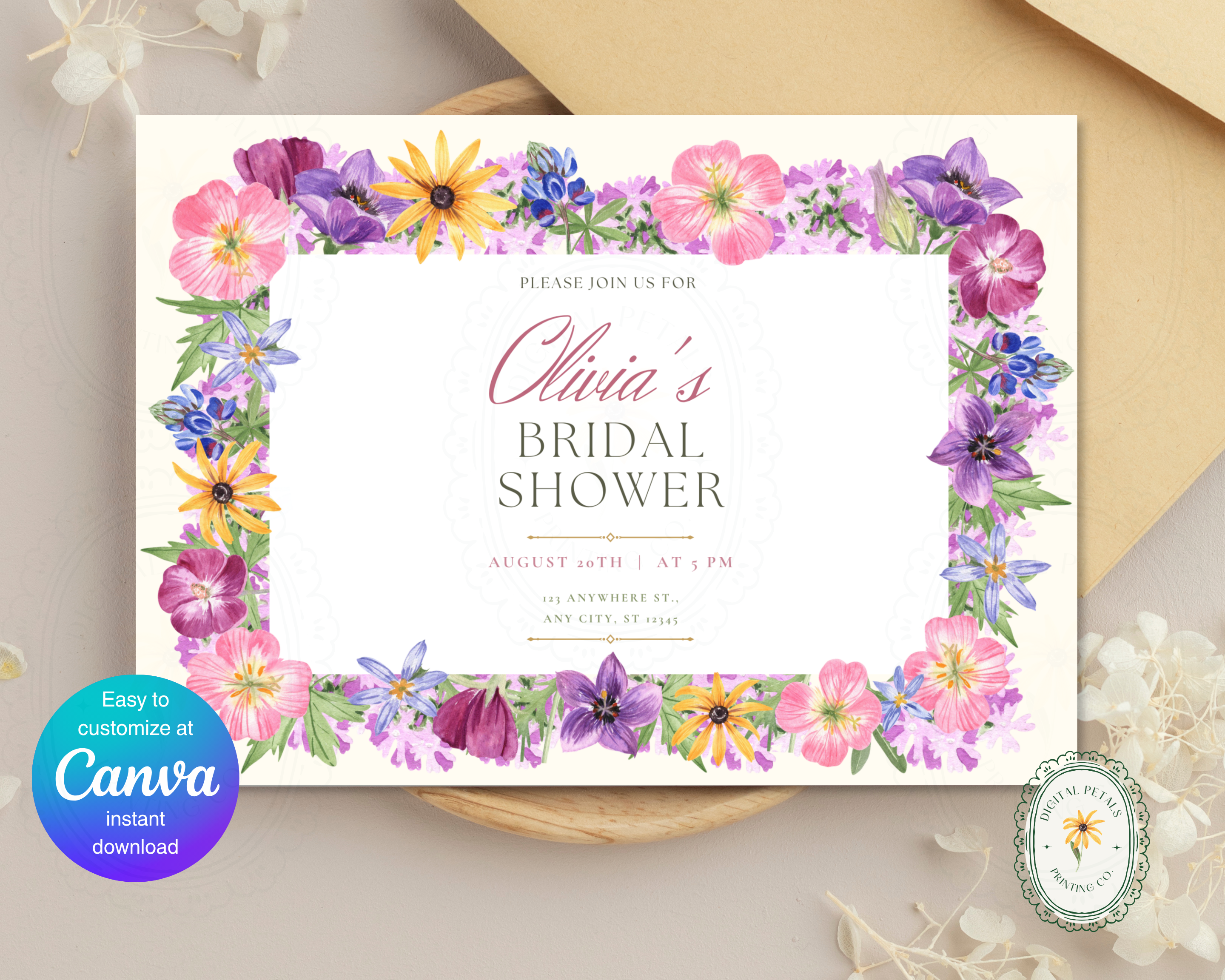 Lavender Spring Wildflowers Bridal Shower Invitation | Printable Landscape Template | Digital Download
