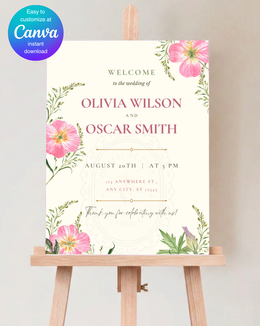 Dusty Rose & Blush Pink Wildflower Wedding Welcome Sign | Editable Canva Template | Digital Download
