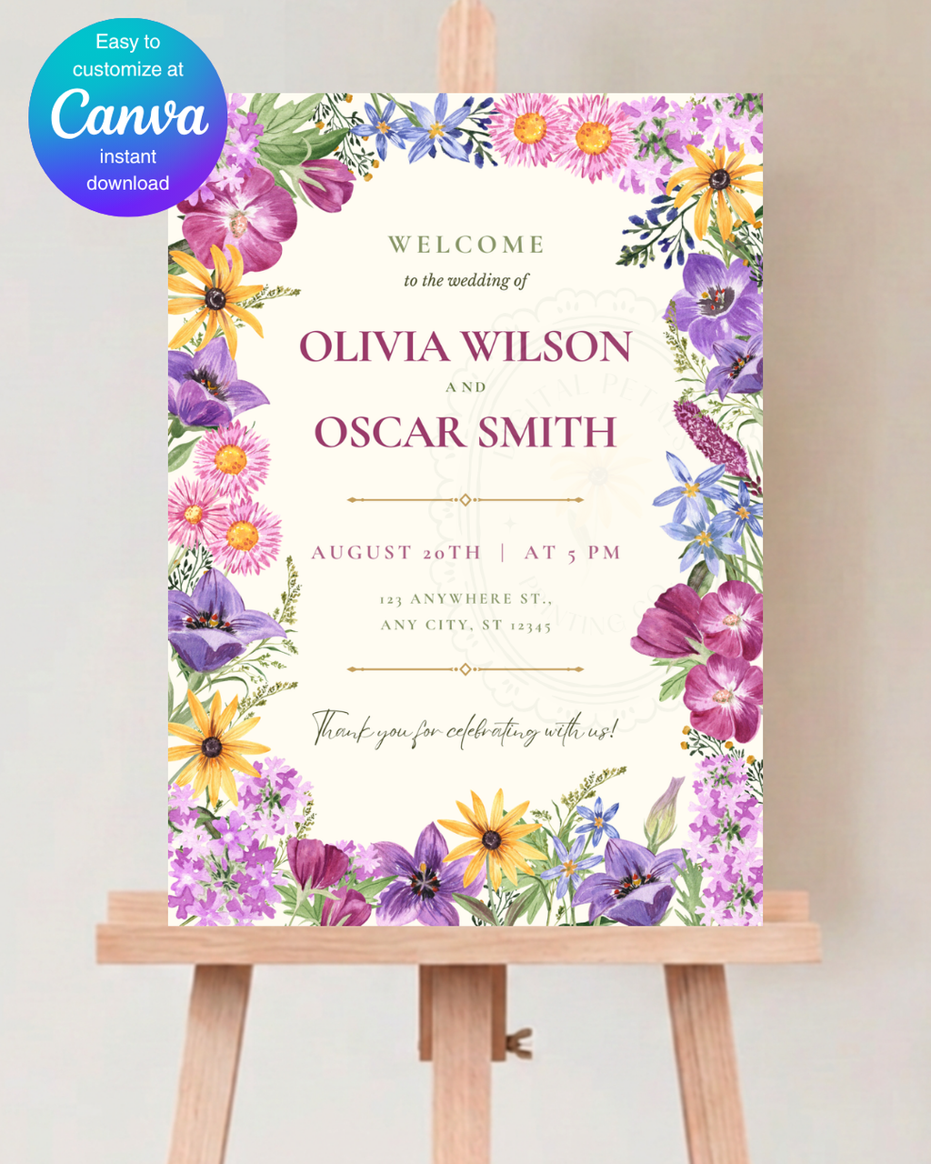 Boho Colorful Wildflower Wedding Welcome Sign | Editable Canva Template | Digital Download