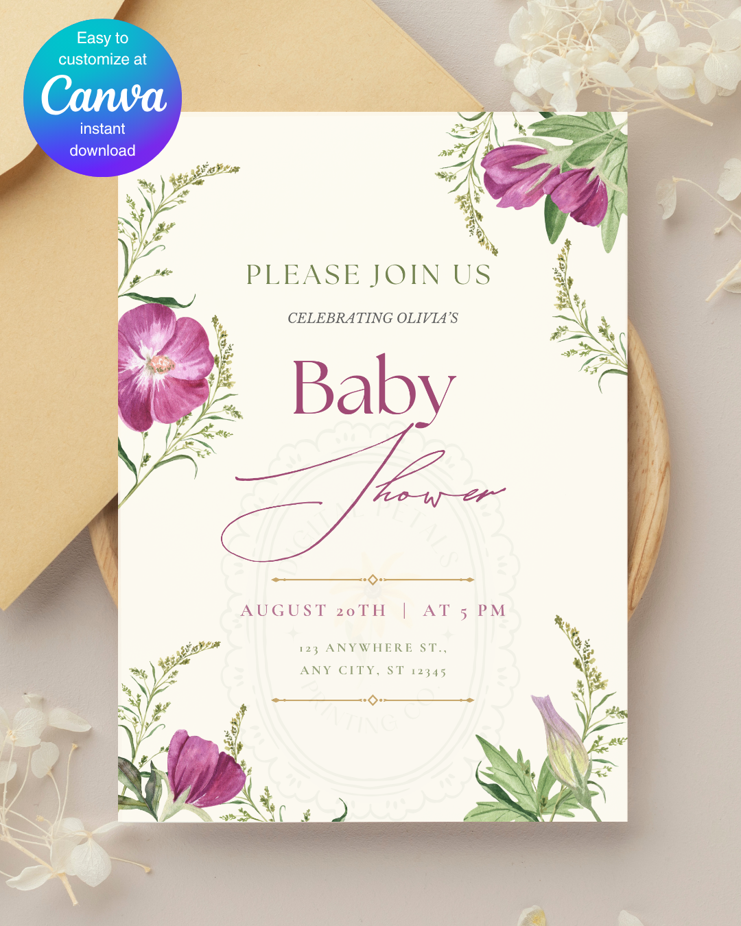 Lavender & Lilac Wildflower Baby Shower Invitation | Minimalist Printable Invite | Digital Download