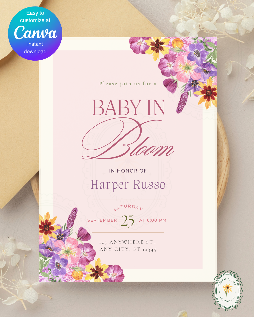 Baby in Bloom Baby Shower Invitation Template | Editable Canva Digital Download