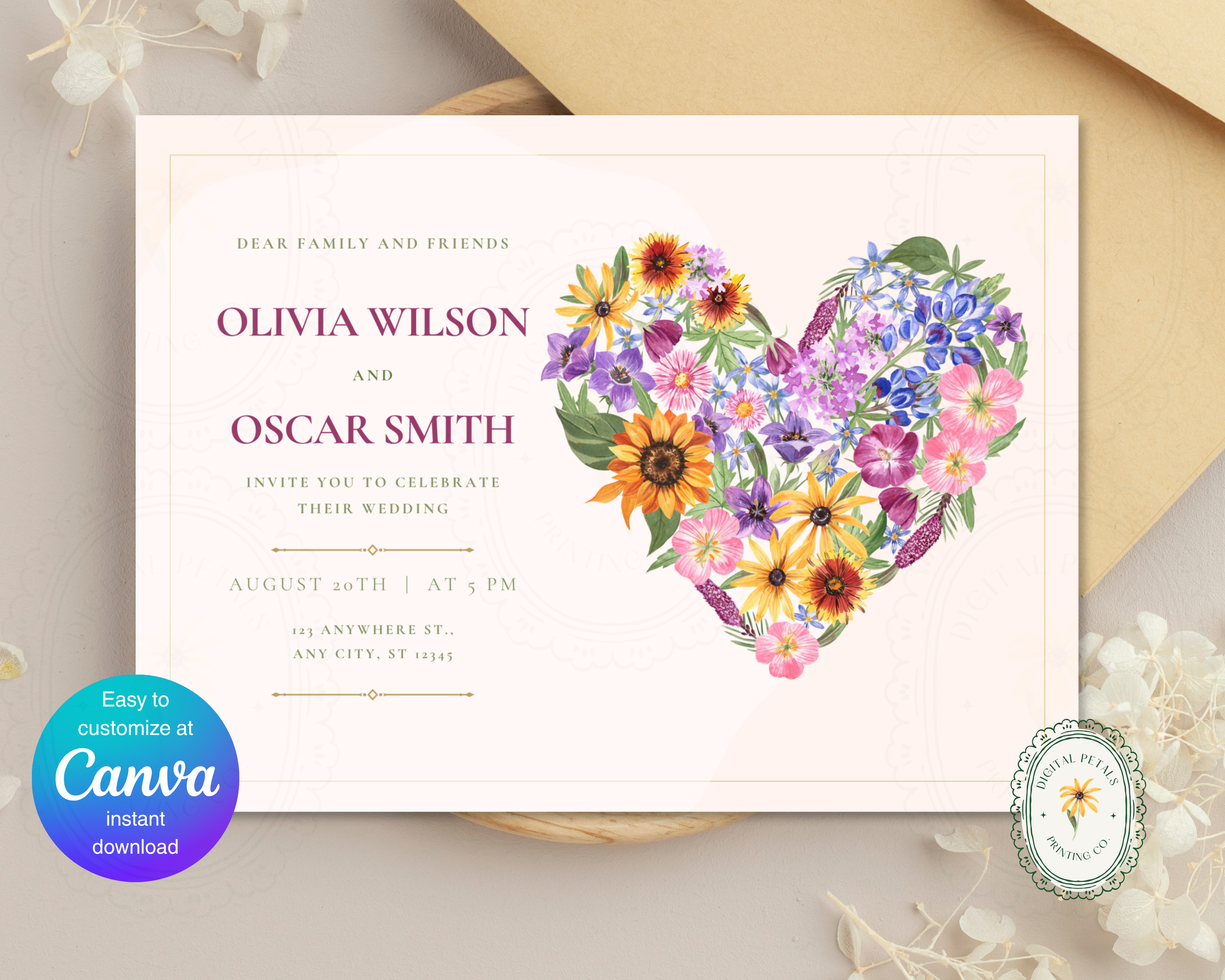 Lavender Wildflower Spring Heart Wedding Invitation | Floral Landscape Digital Download | Canva Editable