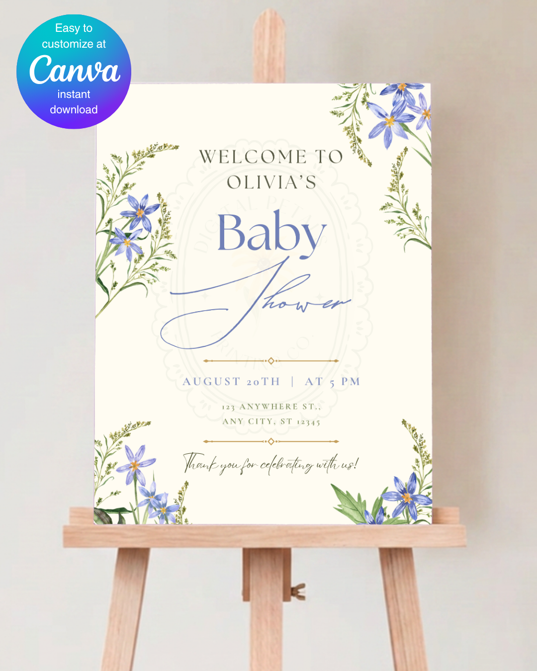 Powder Blue Wildflower Baby Shower Welcome Sign | Editable Canva Template | Digital Download