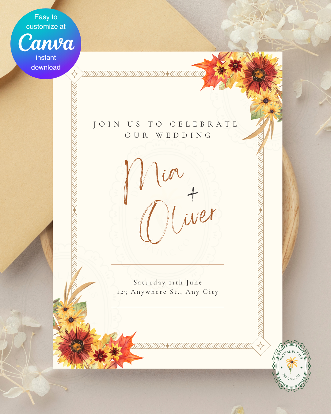 Rustic Fall Wildflowers Wedding Invitation Template | Hand Painted Cottagecore Digital Download