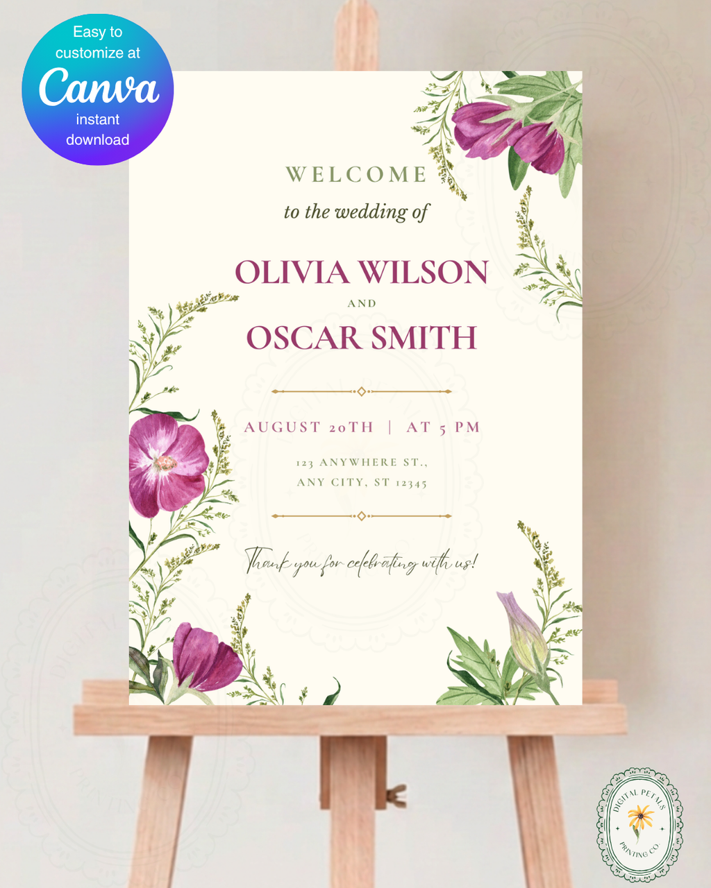 Lavender & Lilac Wildflower Wedding Welcome Sign | Editable Canva Template | Digital Download