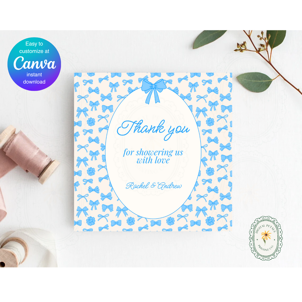 Powder Blue Ribbons & Bows Baby Shower Invitation Template | Editable Canva Digital Download
