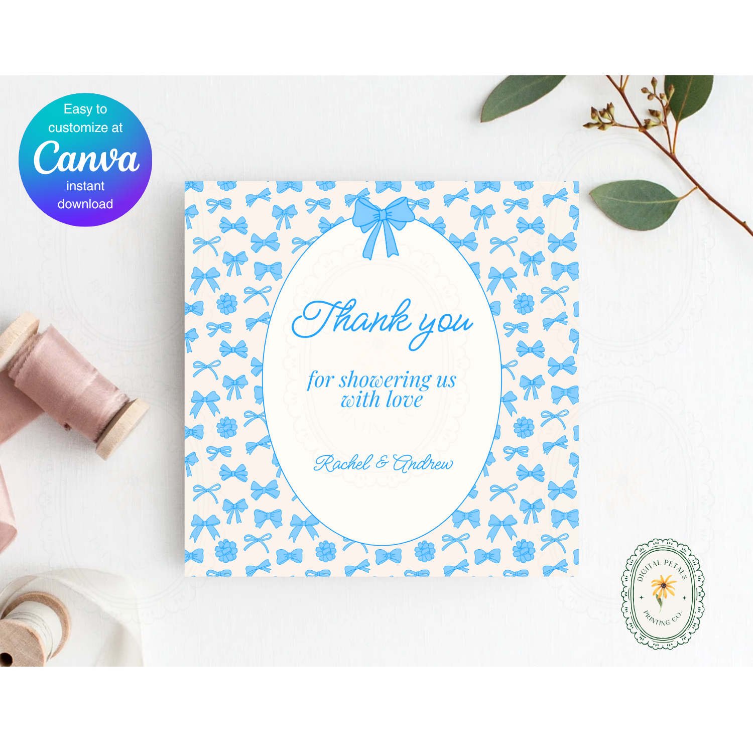 Powder Blue Ribbons & Bows Baby Shower Invitation Template | Editable Canva Digital Download