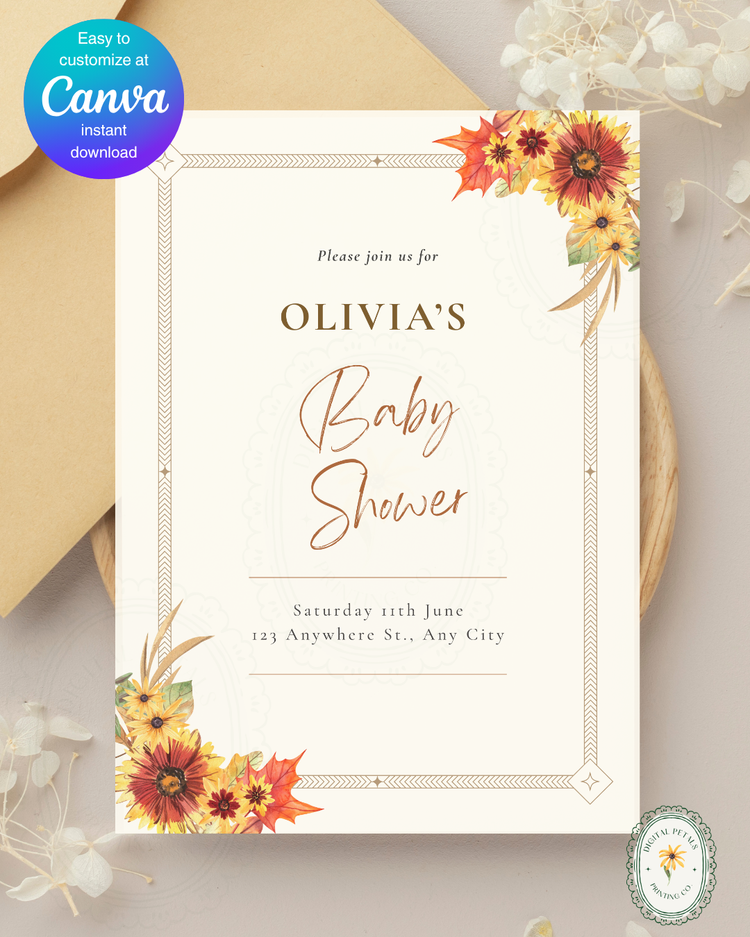 Rustic Fall Wildflowers Baby Shower Invitation Template | Hand Painted Cottagecore Digital Download