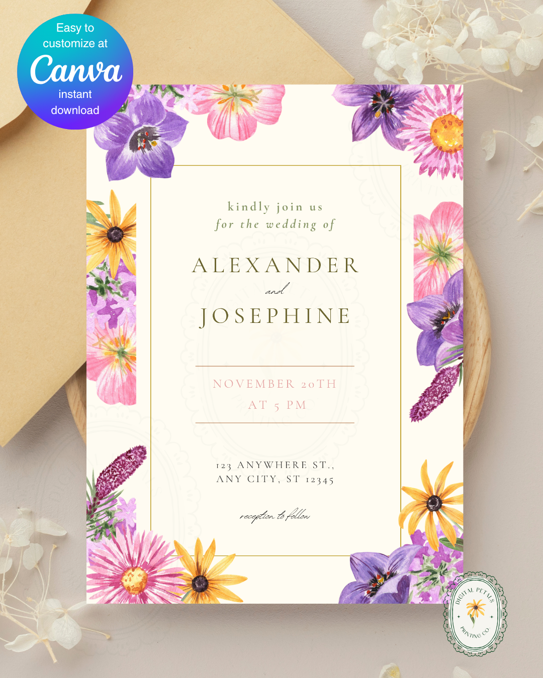 Wildflower Cottagecore Wedding Invitation Template | Editable Canva Design, Floral Botanical Spring