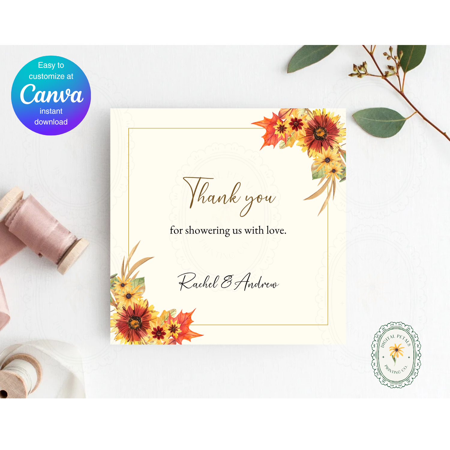 Rustic Fall Wildflower Thank You Card Template | Editable Canva Digital Download