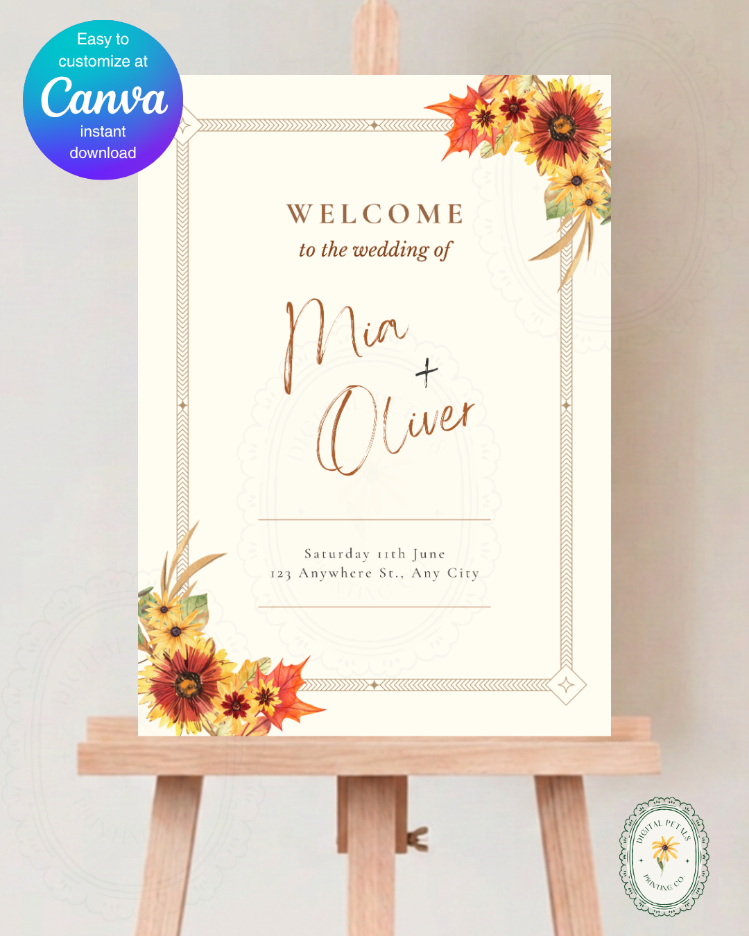 Rustic Fall Wildflowers Wedding Welcome Sign Template | Hand Painted Cottagecore Digital Download