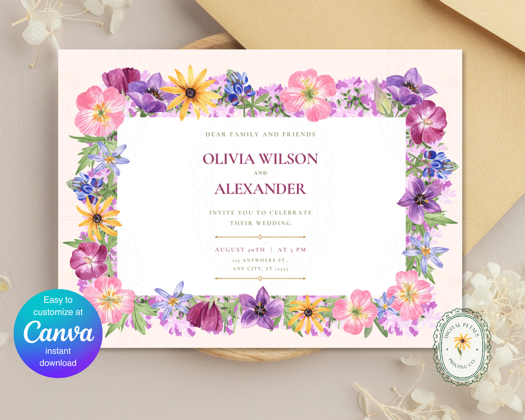 Dusty Lilac Wildflower Border Wedding Landscape Invitation | Printable Landscape Template | Digital Download