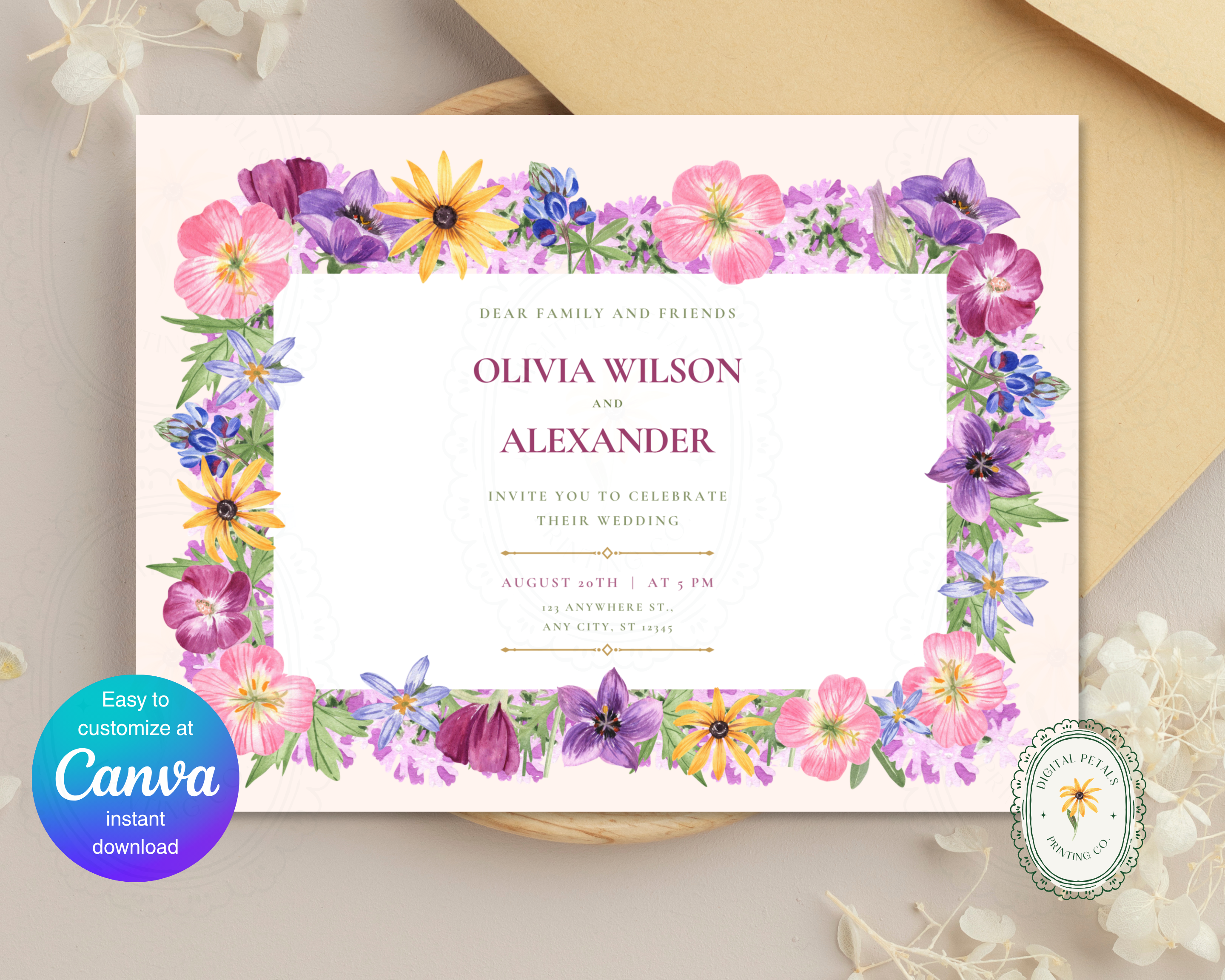 Dusty Lilac Wildflower Border Wedding Landscape Invitation | Printable Landscape Template | Digital Download