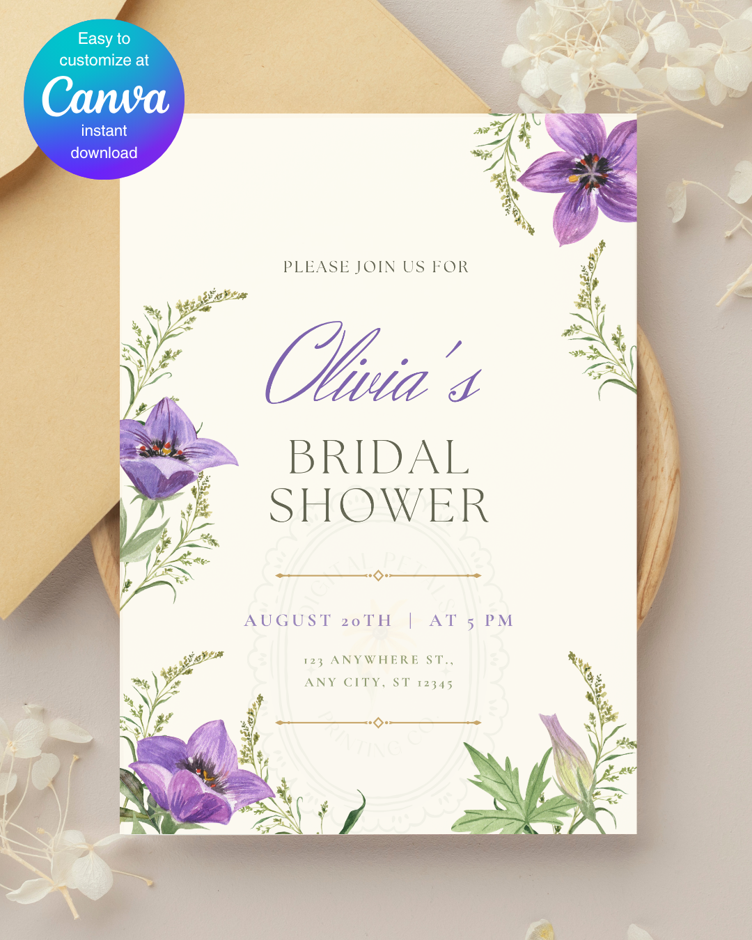 Violet & Periwinkle Wildflower Bridal Shower Invitation | Minimalist Printable Invite | Digital Download