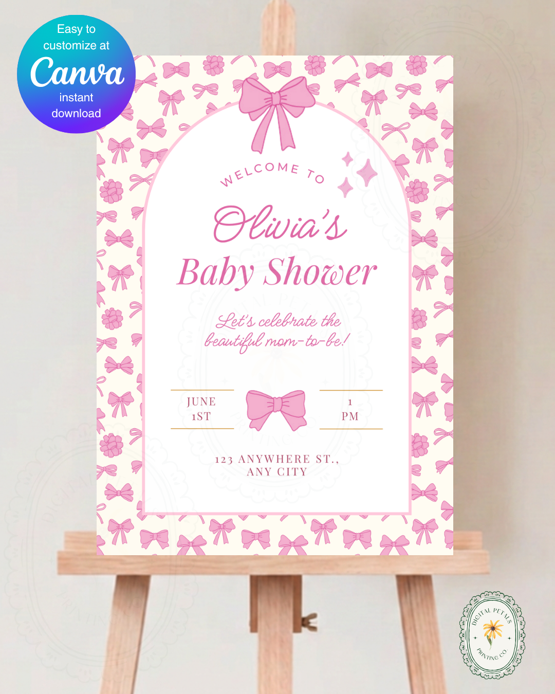 Baby Girl Shower Welcome Sign Template | Pink Ribbons & Bows | Canva Editable
