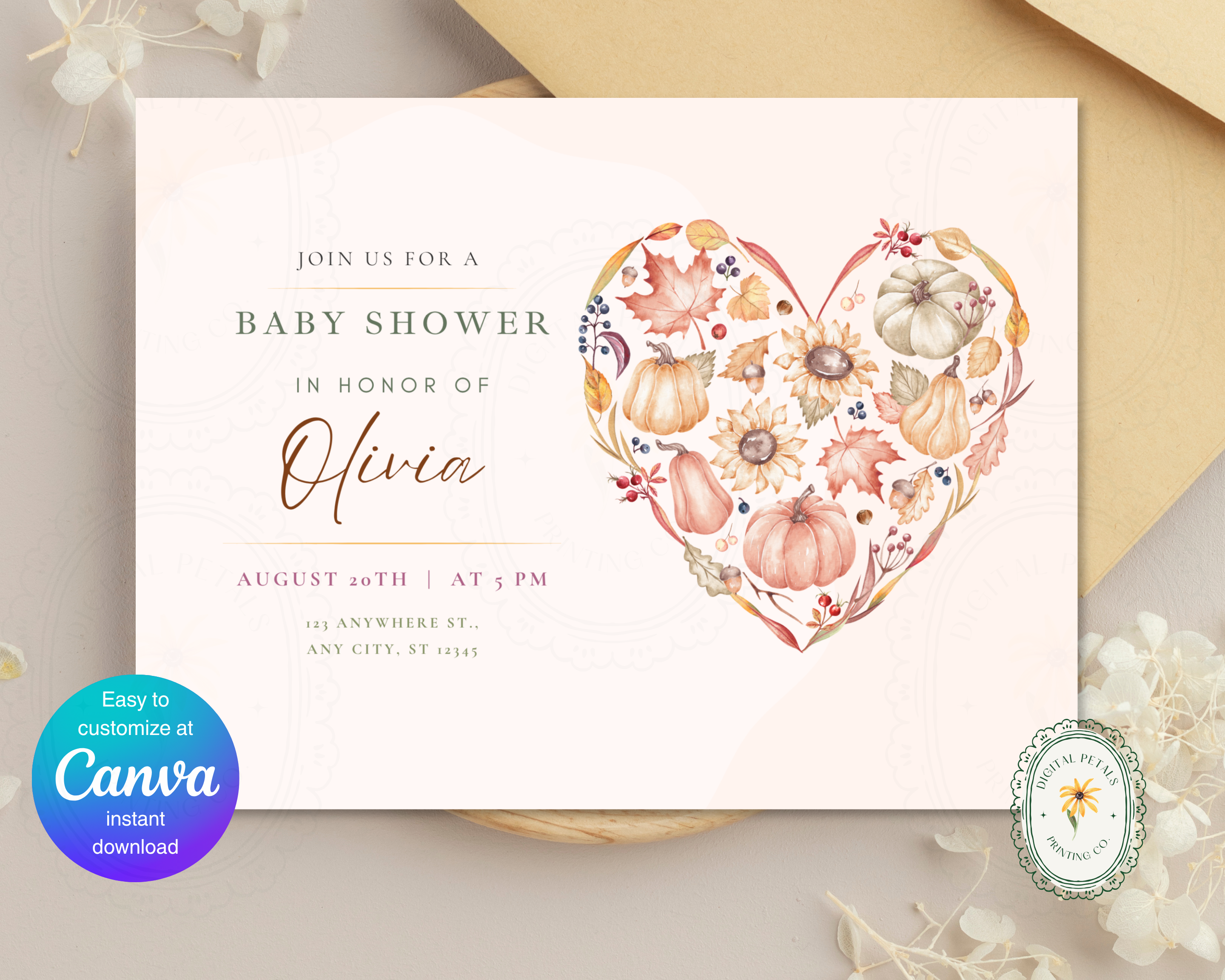 Autumn Heart Baby Shower Invitation | Autumn Floral Landscape | Canva Digital Download