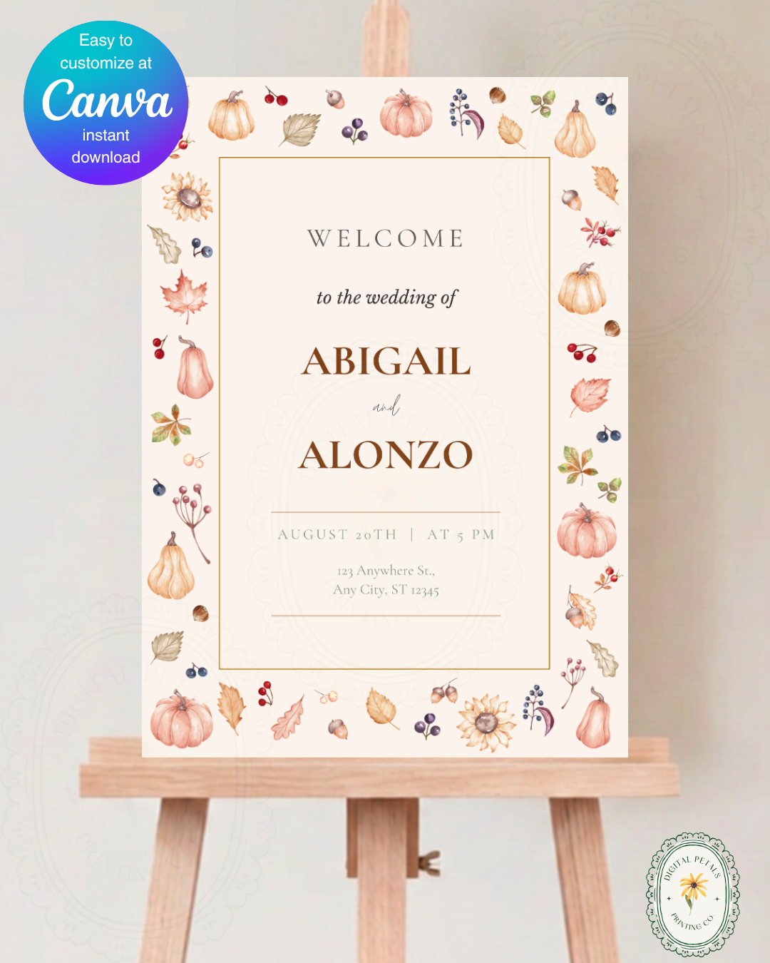 Autumn Harvest Wildflowers Wedding Welcome Sign Template | Editable Canva Digital Download