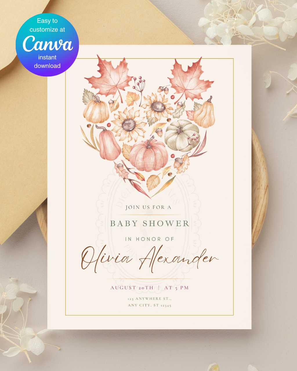 Burgundy Fall Leaves Baby Shower Invitation Template | Editable Canva Digital Download