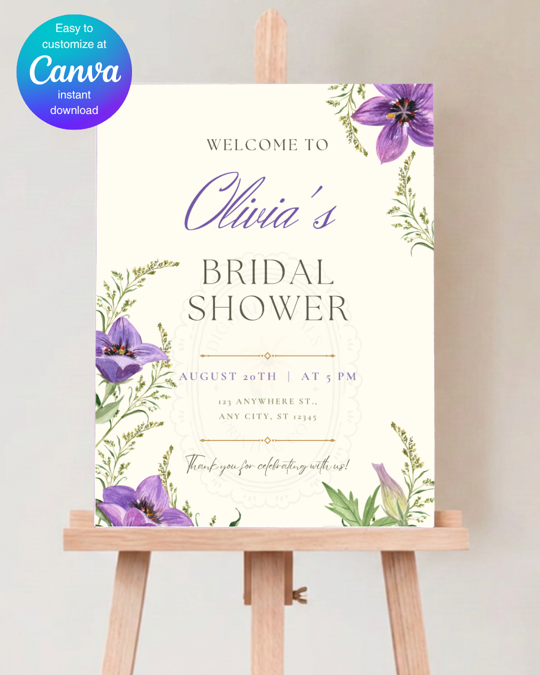 Violet & Periwinkle Wildflower Bridal Shower Welcome Sign | Editable Canva Template | Digital Download