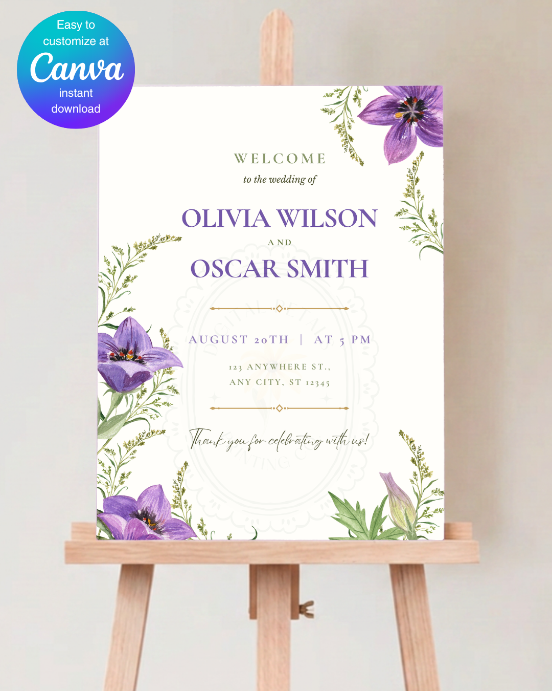 Violet Wildflower Wedding Welcome Sign | Editable Canva Template | Digital Download